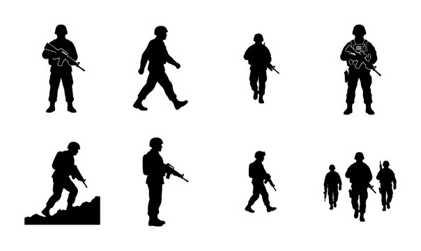 Military Soldier Silhouettes, Armed Figures in Action Poses, Vector Set of Infantry Combatants, Army Personnel Graphics