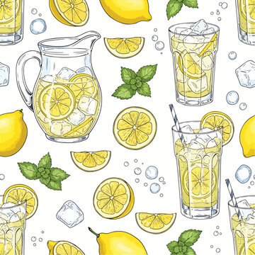 Delicious lemonade pattern with lemons, glasses, and mint leaves arranged on a white background