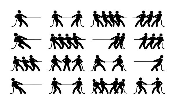 Tug of War Silhouette Icons Set, Team Competition Vector Graphics, Strength Struggle Symbols, Athletic Activity Collection