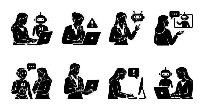 AI Chatbot Interaction Icons, Businesswoman and Robot Communication Set, Technology and Digital Assistant Concepts, Vector Graphics