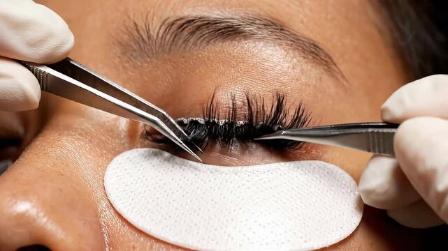 Watch as a skilled technician applies eyelash extensions in a beauty salon. This timelapse shows each step of the installation with detailed close-ups for clarity and understanding.