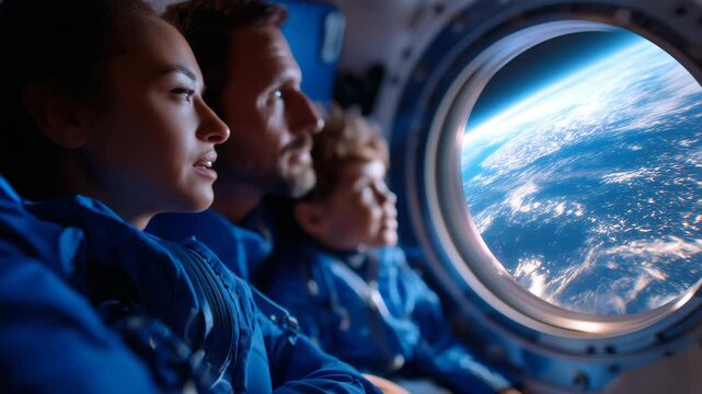 Tourist family wearing matching flight suits floating weightless inside spacecraft cabin viewing Earth through circular window with excitement and wonder, perfect for commercial sp
