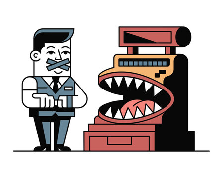 Business concept illustration of a speechless employee facing a monstrously hungry cash register machine