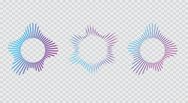 Abstract soundwave circles set. colorful audio frequency waveforms. radial digital equalizer visualizer icons. Circular frequency wave and broadcast symbol
