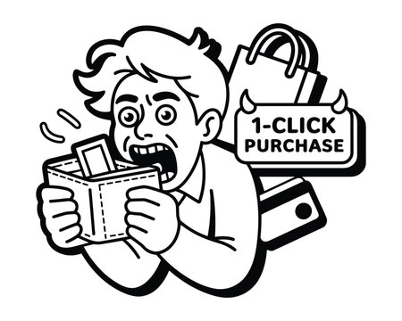 Man with wide eyes and open mouth holding an empty wallet near shopping bags and credit card