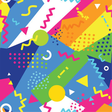 Colorful abstract geometric design with various shapes and vibrant 1980s retro style