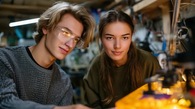 Young couple testing sustainable bioplastic materials in garage startup workspace, extrusion equipment and polymer samples visible under harsh work lights, perfect for green techno