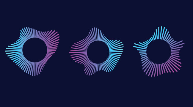 Circular soundwave icons. gradient neon circular sound wave frames. concentric energy burst. Radial audio waves and music symbols