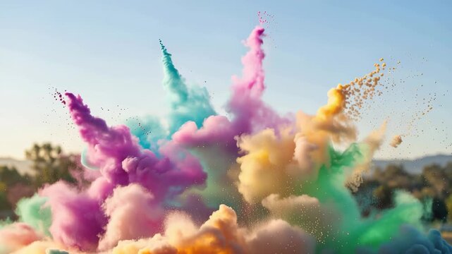 Colorful powder explosion creating vibrant clouds in the air  