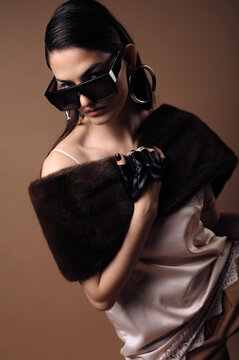Portrait of a glamorous woman in sunglasses and an elegant fur lined blouse