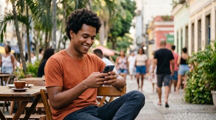 Obraz premium Man using smartphone outdoors