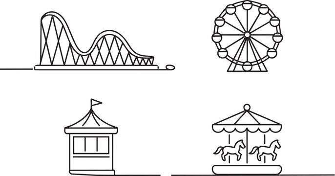 Amusement park icons set including roller coaster ferris wheel carousel and ticket booth thin line vector