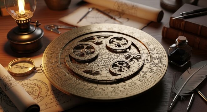 Ancient brass astrolabe with intricate celestial markings