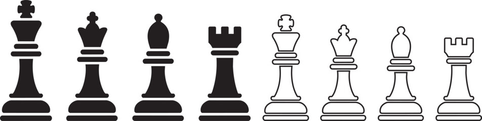 Chess pieces icons set with solid and outline designs featuring king queen bishop and rook vector art © Yasin