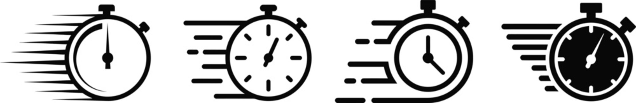 Speedometer icons, stopwatch for fast time, quick delivery, urgent order.