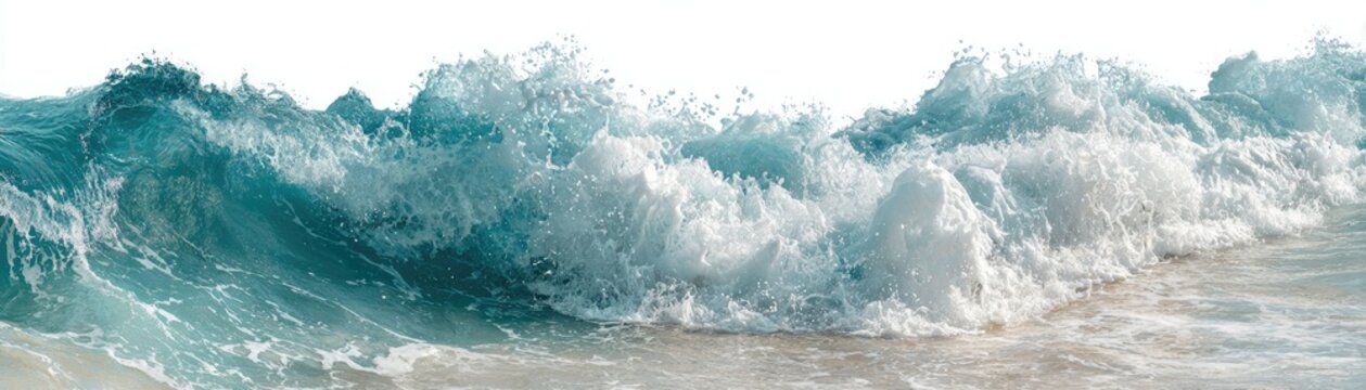 A panoramic shot of a wave cresting, showing clear turquoise water and white foam