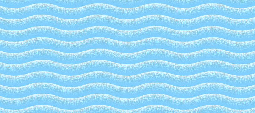 Vector abstract wide background with light blue wavy ripple pattern. Smooth halftone colour flow and grainy texture create calm modern surface for wellness branding and clean layouts