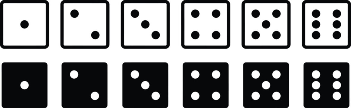 Set of dice showing numbers one through six in transparent and solid styles.