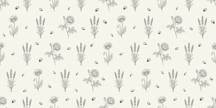 Elegant Engraving Style Flower Background with Poppy and Herbs Line Art