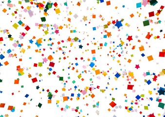Fototapeta premium Floating colorful confetti of various shapes, mostly square and star, on a clean white background