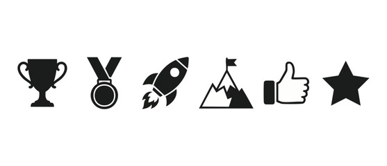 Achievement icons set with trophy, medal, rocket, mountain, thumb up, and star symbol. Business success and goal setting collection, isolated black flat vector graphics for design, UI, and presentatio © Fernando