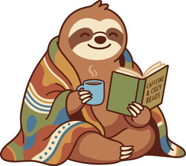 Fototapeta premium Cozy sloth wrapped in colorful blanket holding coffee and book caffeine and cozy reads