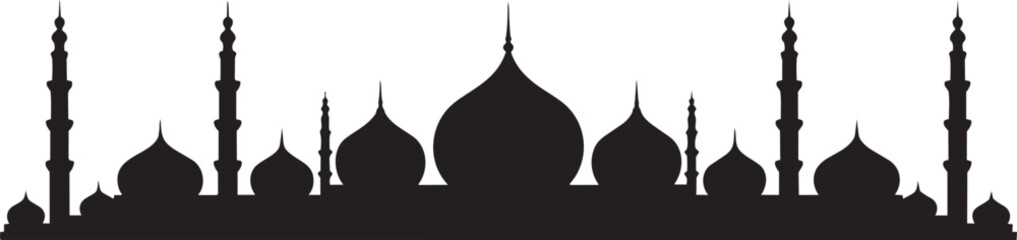 Islamic architecture mosque skyline silhouette with domes and minarets vector illustration for eid mubarak © Yasin