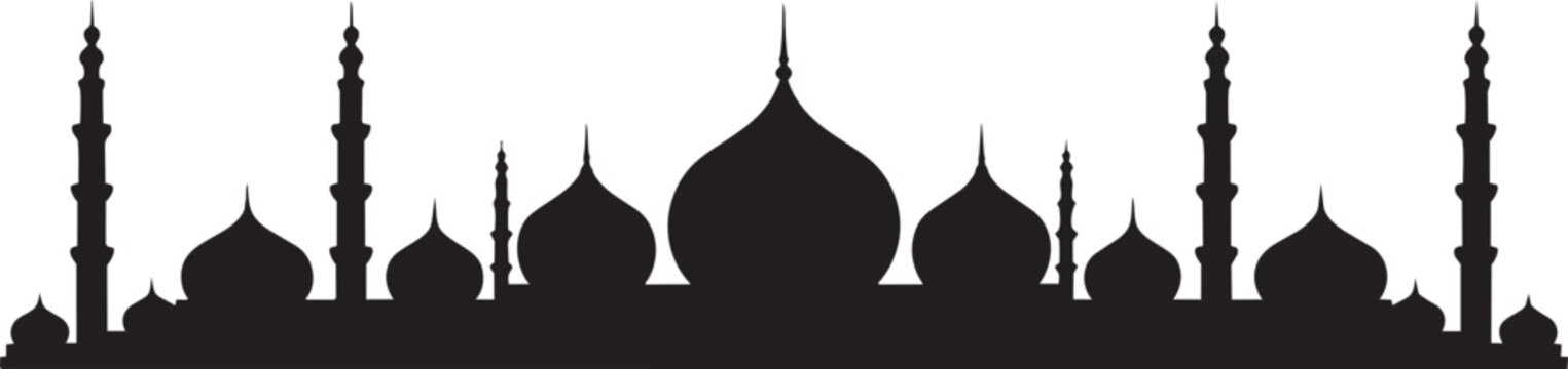 Islamic architecture mosque skyline silhouette with domes and minarets vector illustration for eid mubarak