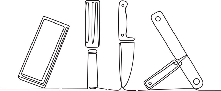 Kitchen knife sharpening tools with items including whetstone and steel minimalist continuous line vector