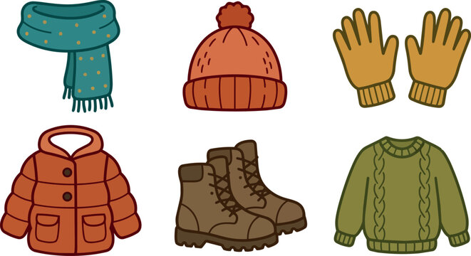 Brown beanie green sweater orange puffer jacket winter clothes accessories vector art
