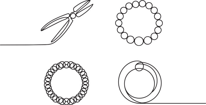 Minimalist art objects icons set with continuous line garden shears pearls rings in a sketch style vector