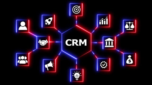 Neon crm infographic with glowing business icons. Dynamic motion graphics showing customer relationship management concept. Neon glowing hexagon connecting business icons.