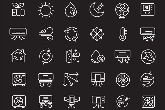 hvac air conditioning line icon set featuring cooling system, heating, temperature, ventilation, cooling, smart, thermostat, and repair maintenance vector symbols