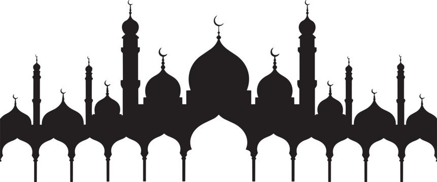 Mosque skyline silhouette vector illustration with domes and minarets plus crescent moon for eid and ramadan