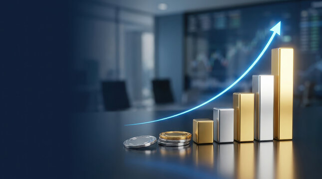Inflation interest rate hike concept bar chart coin growth finance economy Inflation and interest rate hike concept with bar chart coin and upward arrow growth symbol modern office background