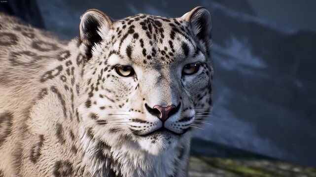 Majestic Snow Leopard CloseUp Portrait in Natural Mountain Habitat with Intense Gaze and Detailed Fur Texture.