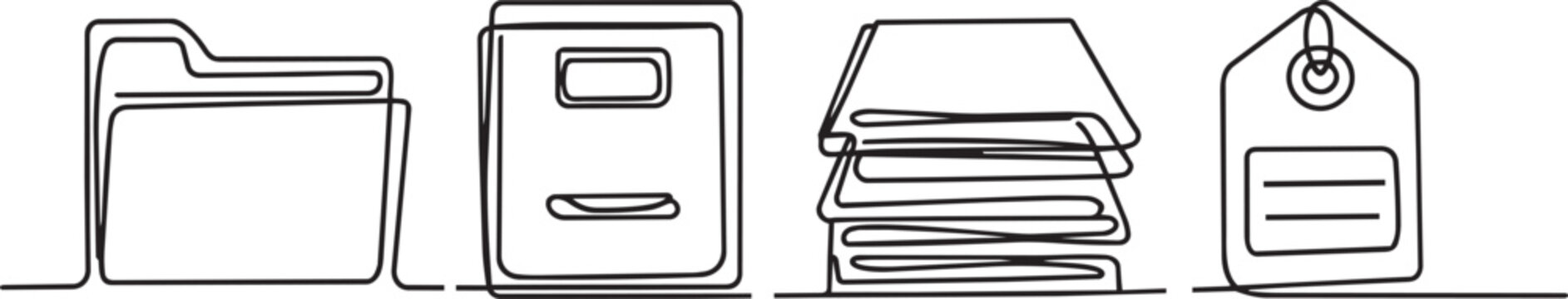 Office documents icons set featuring folder file cabinet stack of papers and luggage tag linear style