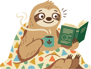 Fototapeta premium Cute sloth reading book and drinking coffee wrapped in colorful blanket vector art