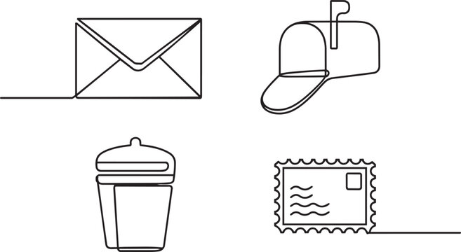 Postal service icons set featuring envelope mailbox and stamp in a simple continuous line drawing style