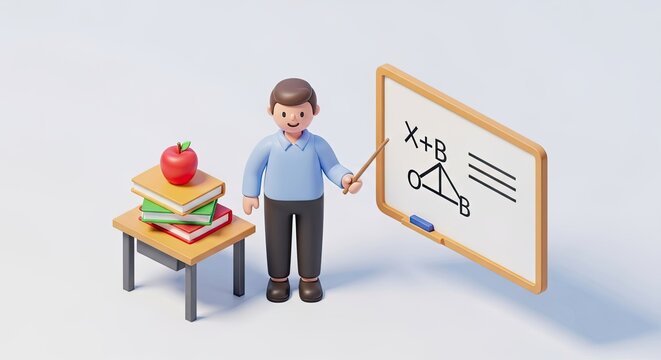 A 3D-rendered cartoon teacher standing in front of a whiteboard with mathematical symbols and a stack of books.