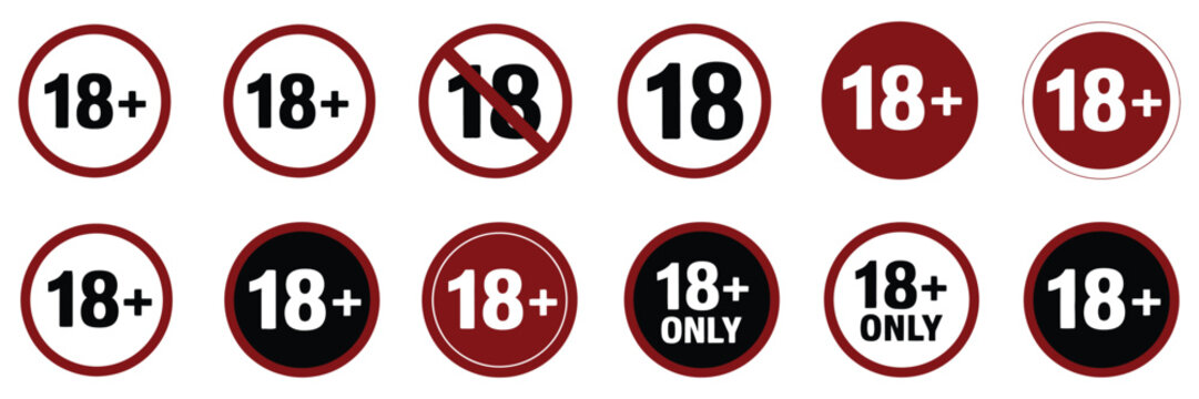 18 plus icon under 18 years old age limit circle sign symbol set, vector illustration of restriction badges, adult only warning labels, prohibition icons, safety compliance graphics for web, app, and 