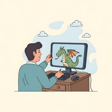 A person designing a fantasy dragon on a computer, illustrating digital art and creativity