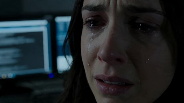 Female with dark hair shows emotional distress as tears flow down her cheeks while sitting in front of computer screens displaying code in a dimly lit room