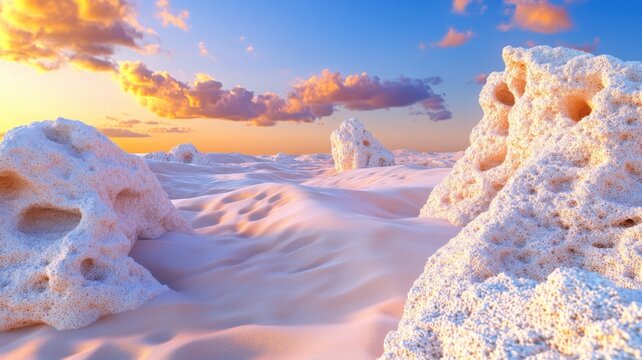 Alien 3D coral desert with bizarre sponge-like rock formations during warm sunset colors