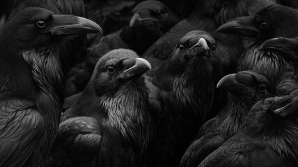 Obraz premium 黒いカラスが群れで密集している様子。自然や野生動物関連のコンテンツに適した鳥の写真素材