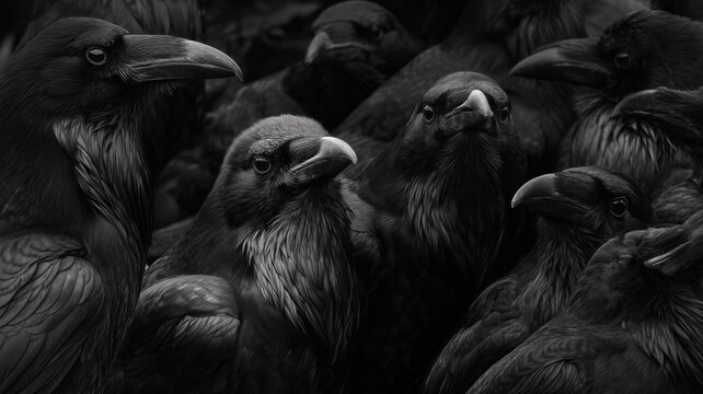 黒いカラスが群れで密集している様子。自然や野生動物関連のコンテンツに適した鳥の写真素材