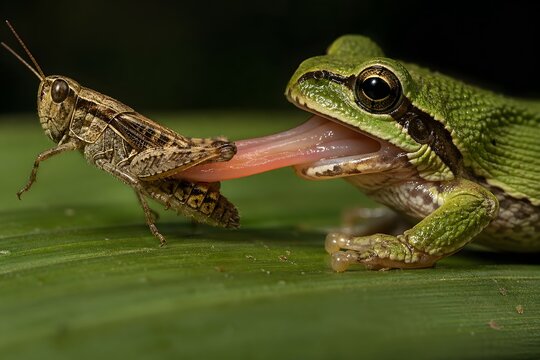 Ecosystem Interaction Illustration of Frog Eating Grasshopper on Vibrant Green Leaf
