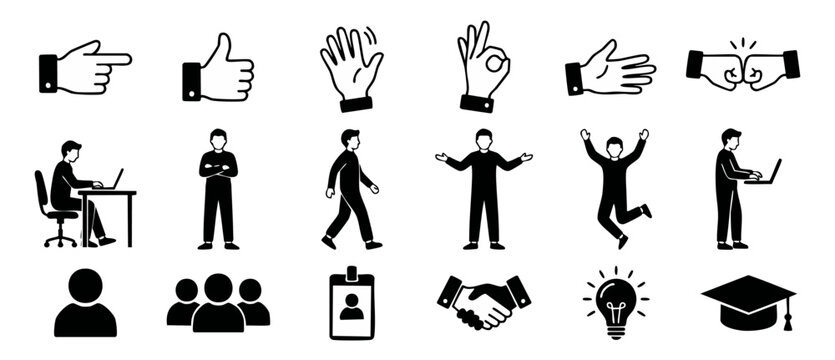People gestures and business icons set - hand signs, professional actions, office lifestyle and teamwork symbols in minimal flat black style for website UI design, corporate presentation, and infograp