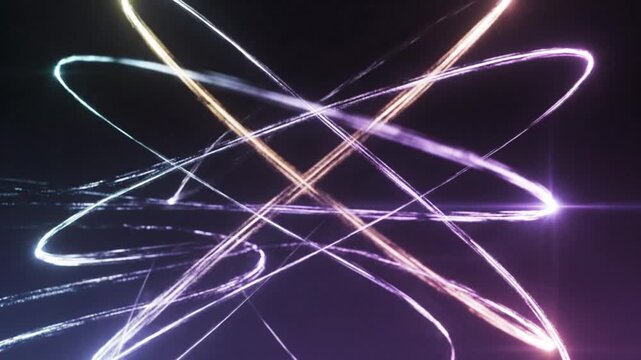 Abstract glowing atomic orbits and energy trails in a dark, futuristic science concept visualization