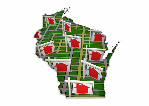 Wisconsin WI State Real Estate Market Homes Houses For Sale Signs Map Move Relocate 3d Illustration